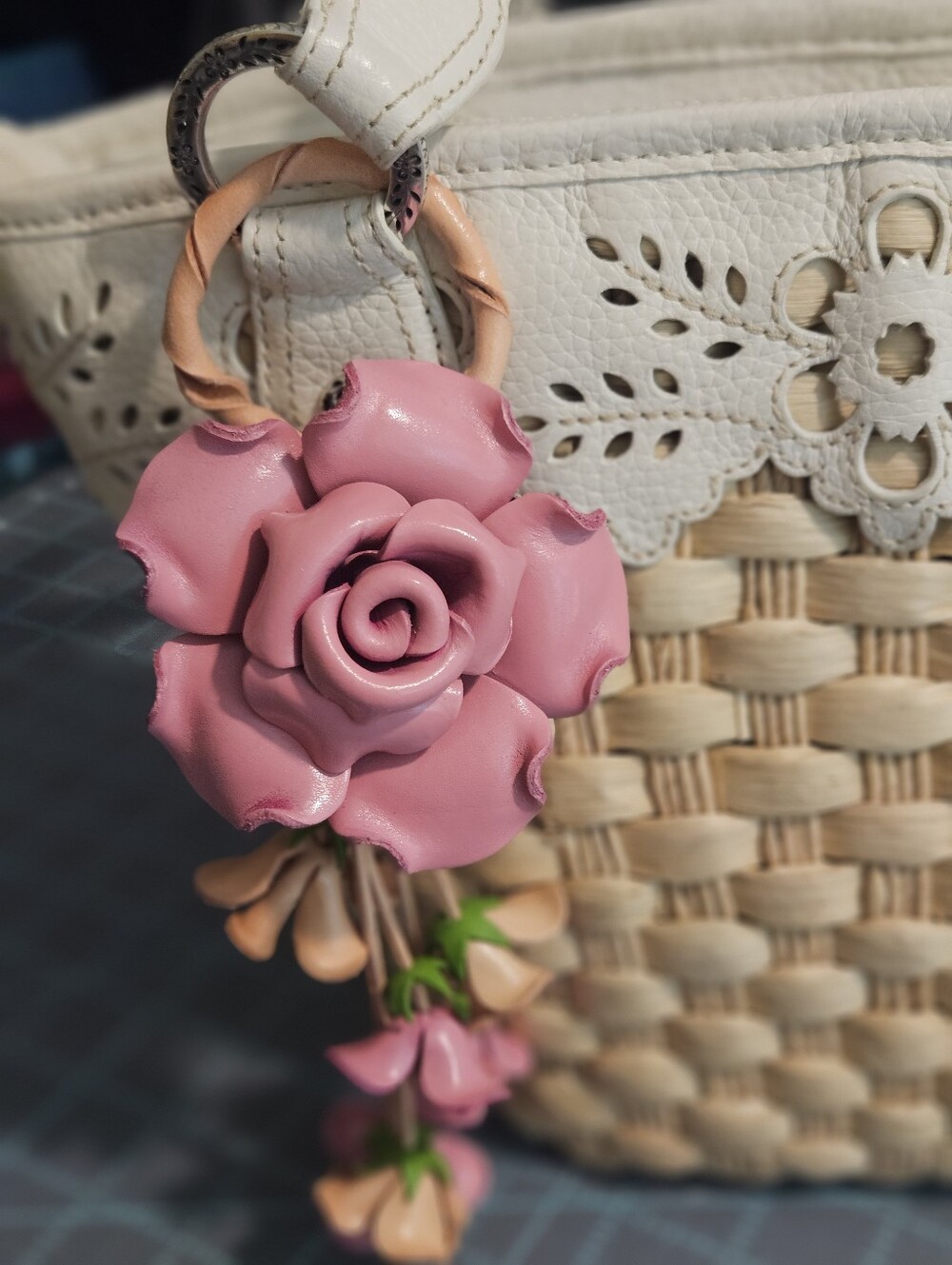 Pink Floral Leather Bag Clip Accessory